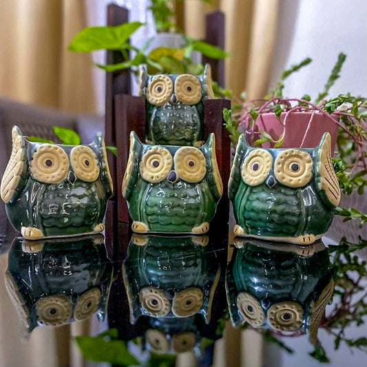 Ceramic Owl Pots Combo | Dark Green