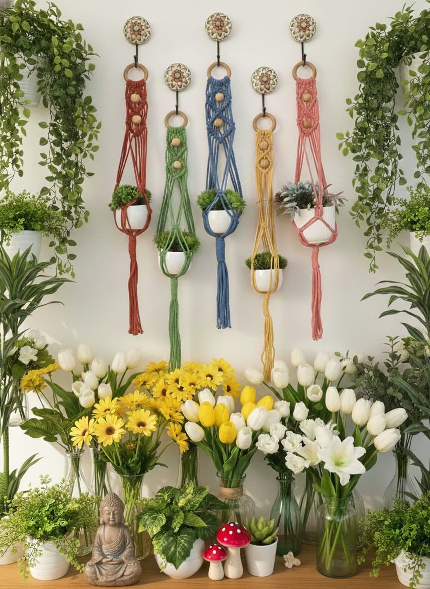 Set of 5 Colorful Macrame Planters